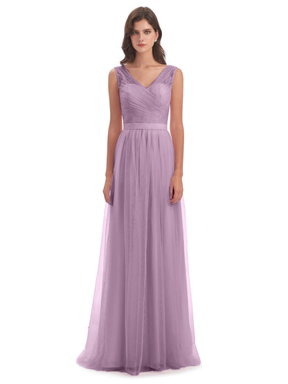 Mila Floor Length V-Neck Tulle Bridesmaid Dresses