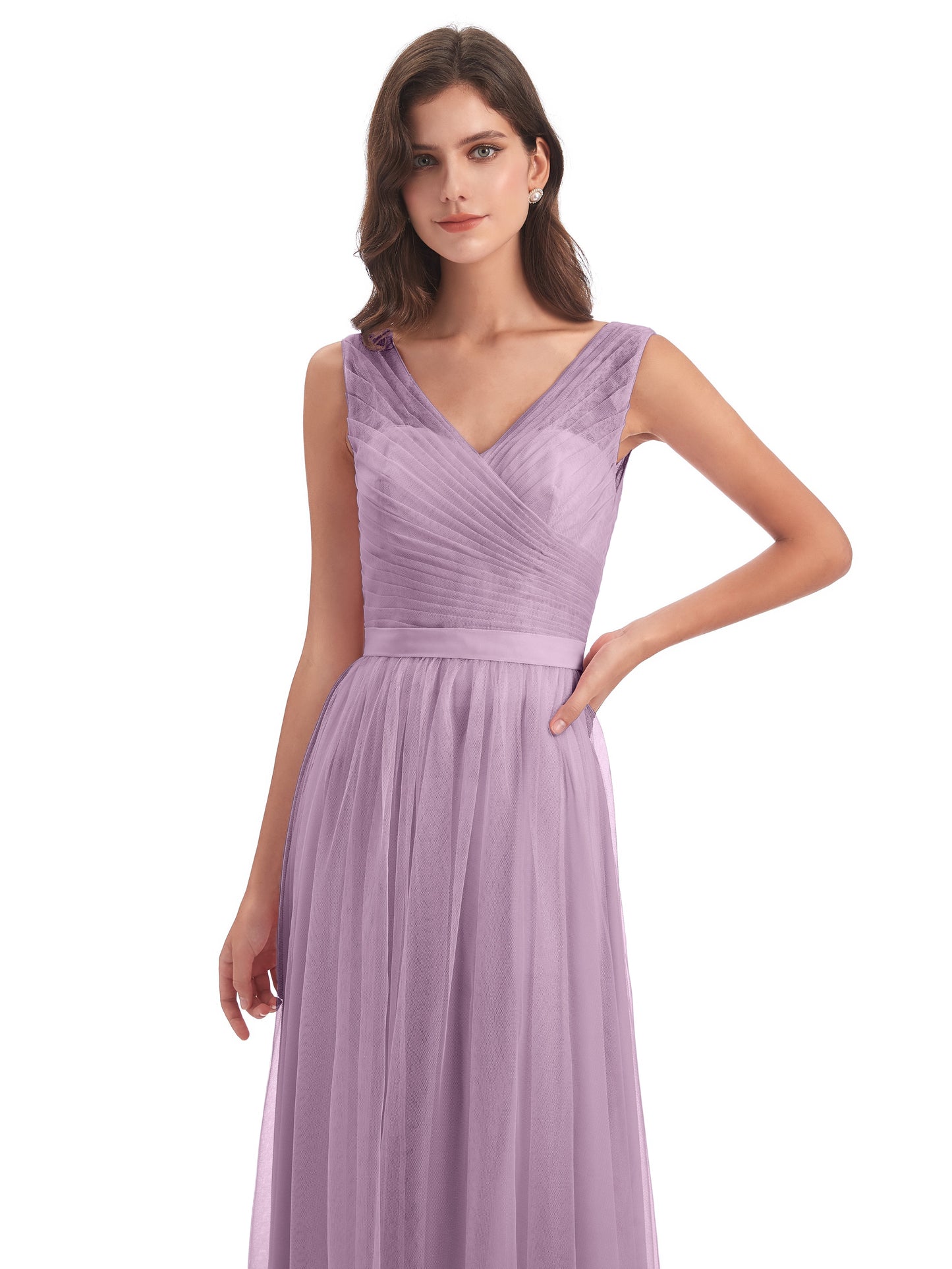 Mila Floor Length V-Neck Tulle Bridesmaid Dresses