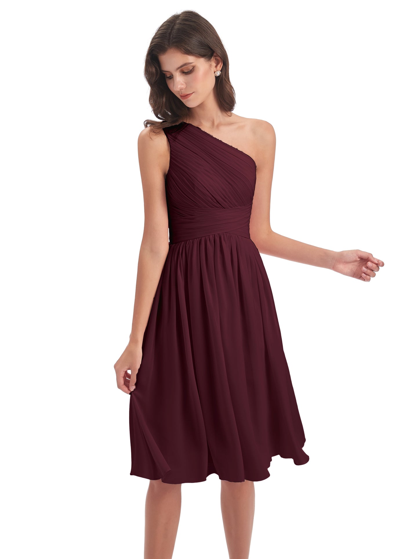 Natalie Knee Length One Shoulder Chiffon Bridesmaid Dresses