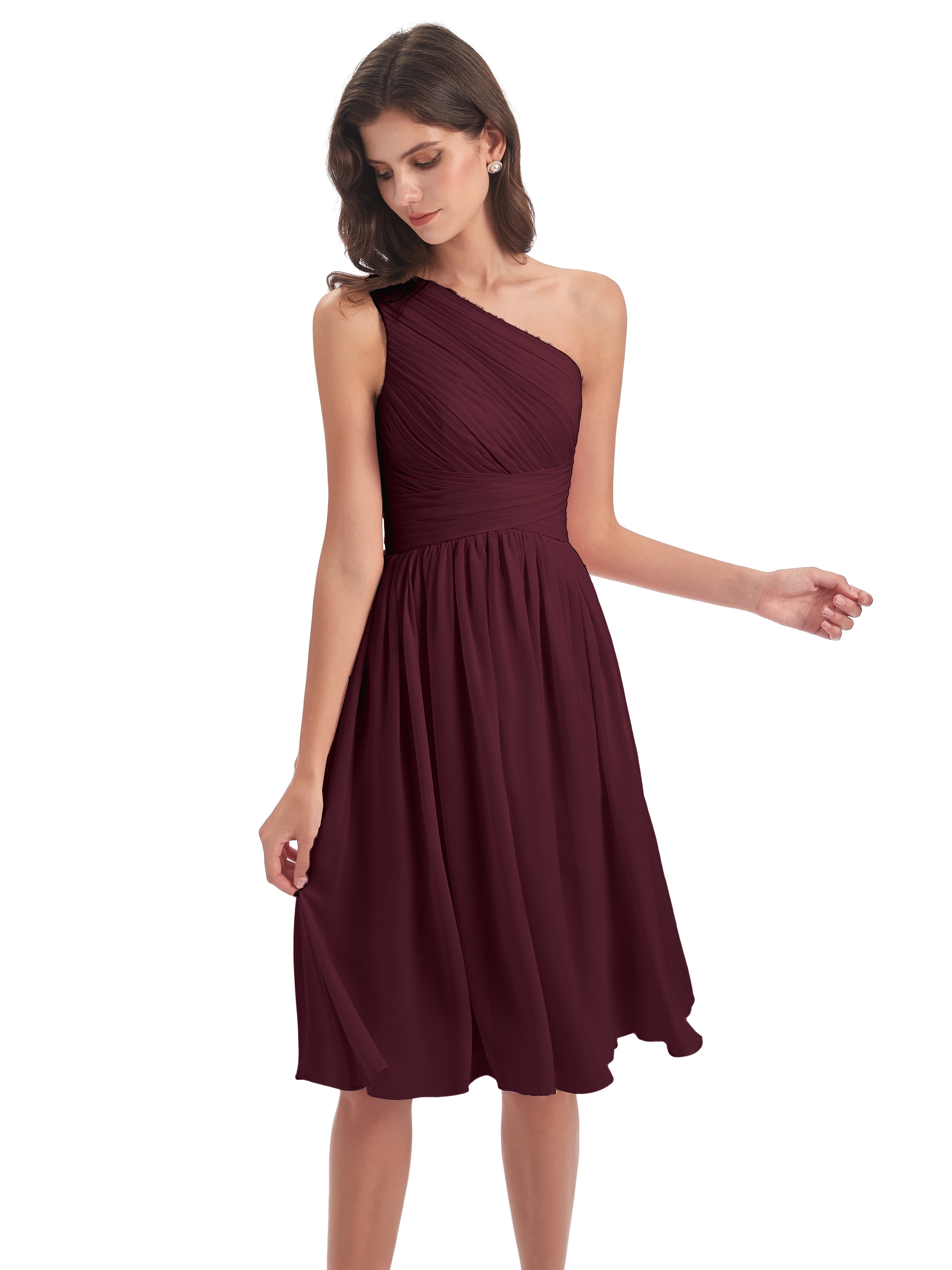 Natalie Knee Length One Shoulder Chiffon Bridesmaid Dresses