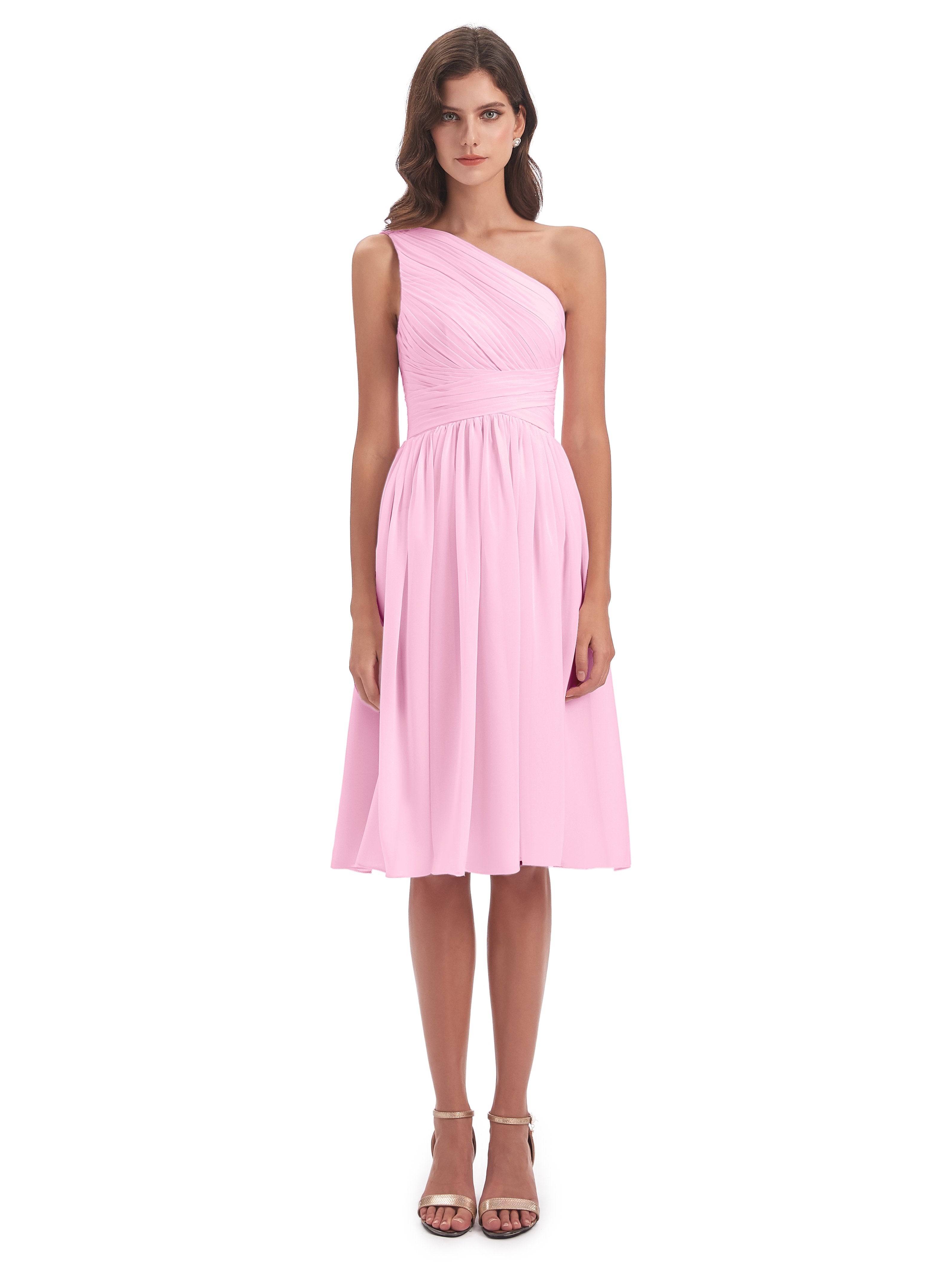 Natalie Knee Length One Shoulder Chiffon Bridesmaid Dresses
