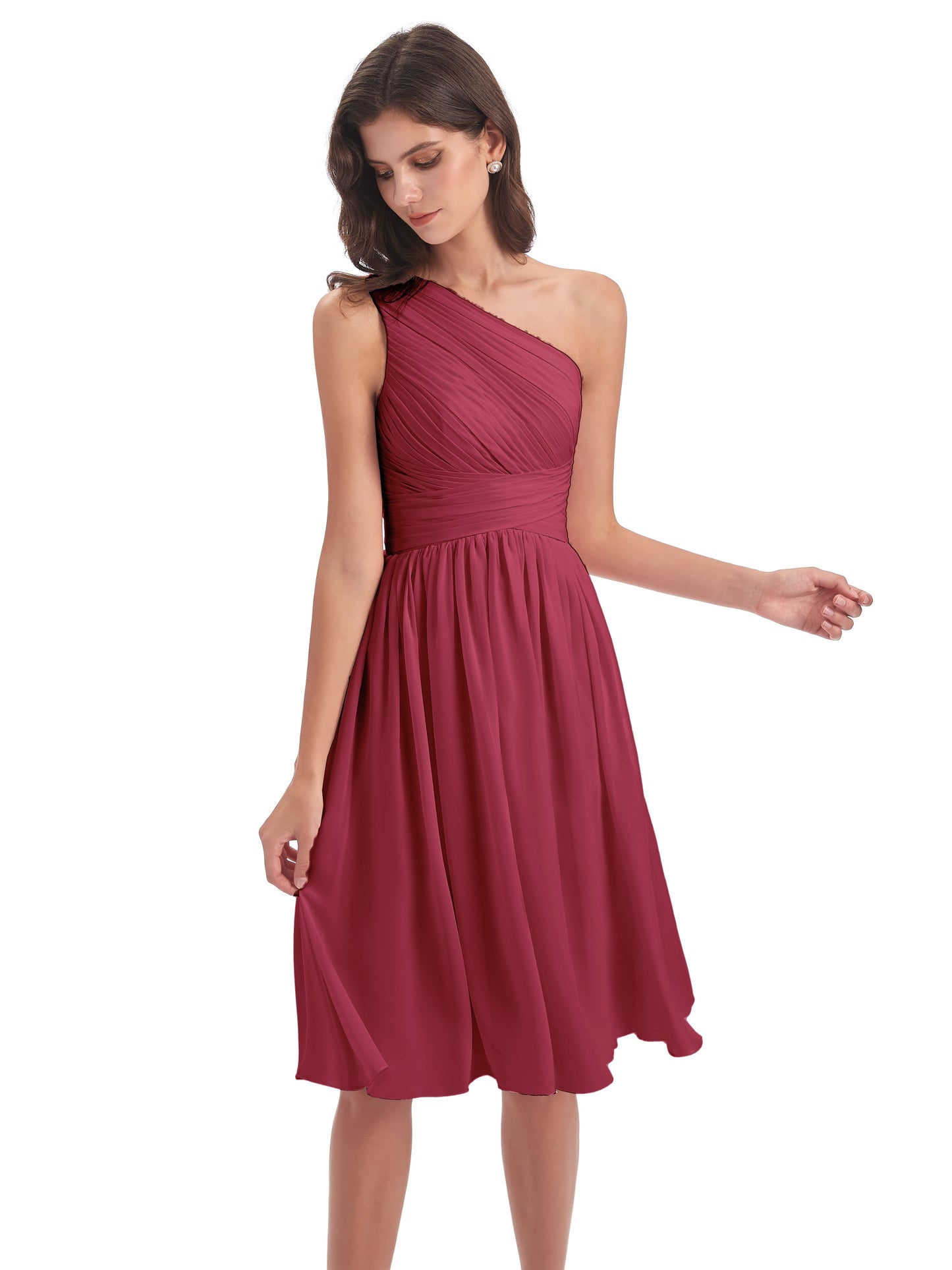Natalie Knee Length One Shoulder Chiffon Bridesmaid Dresses
