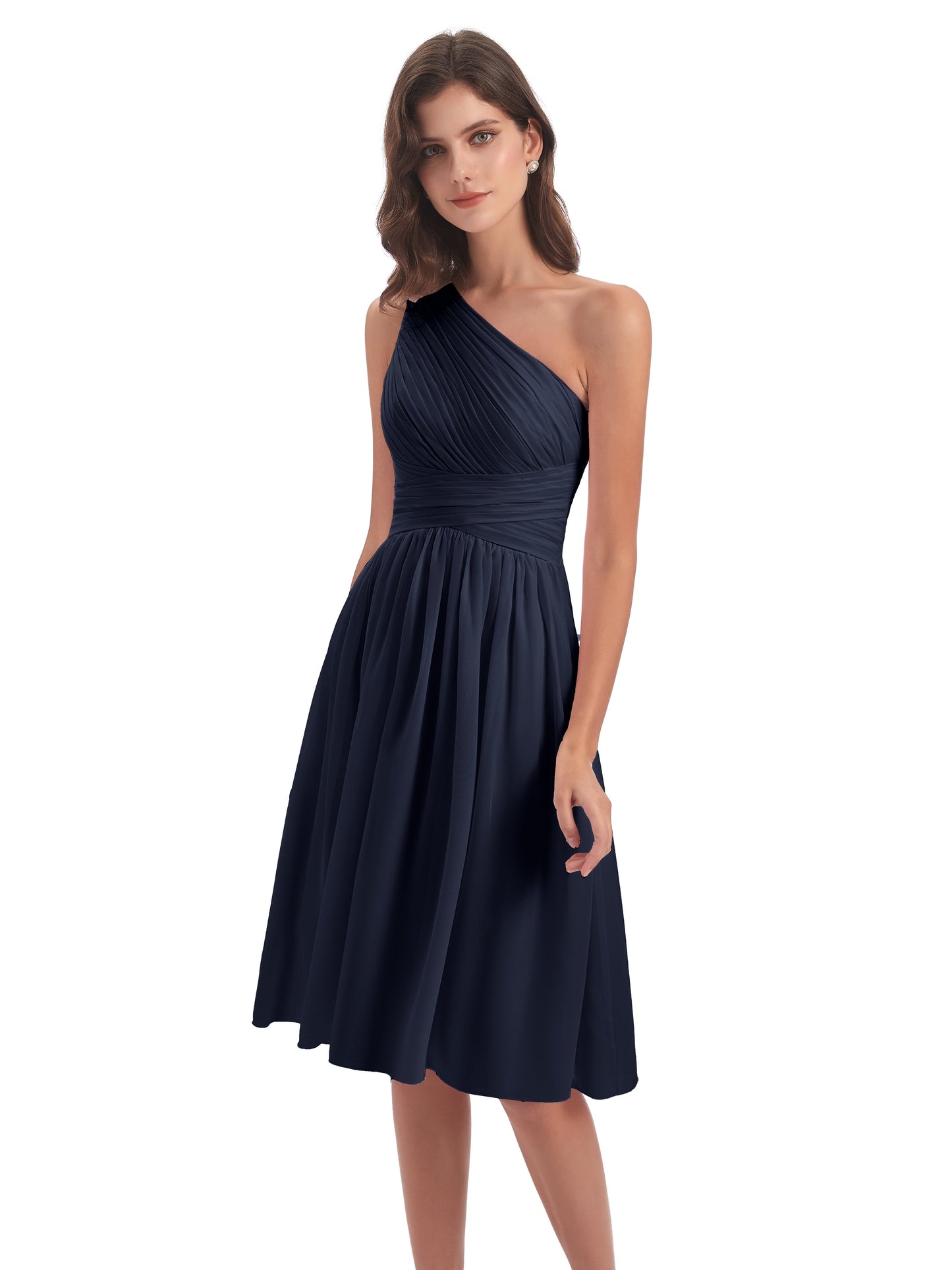 Natalie Knee Length One Shoulder Chiffon Bridesmaid Dresses
