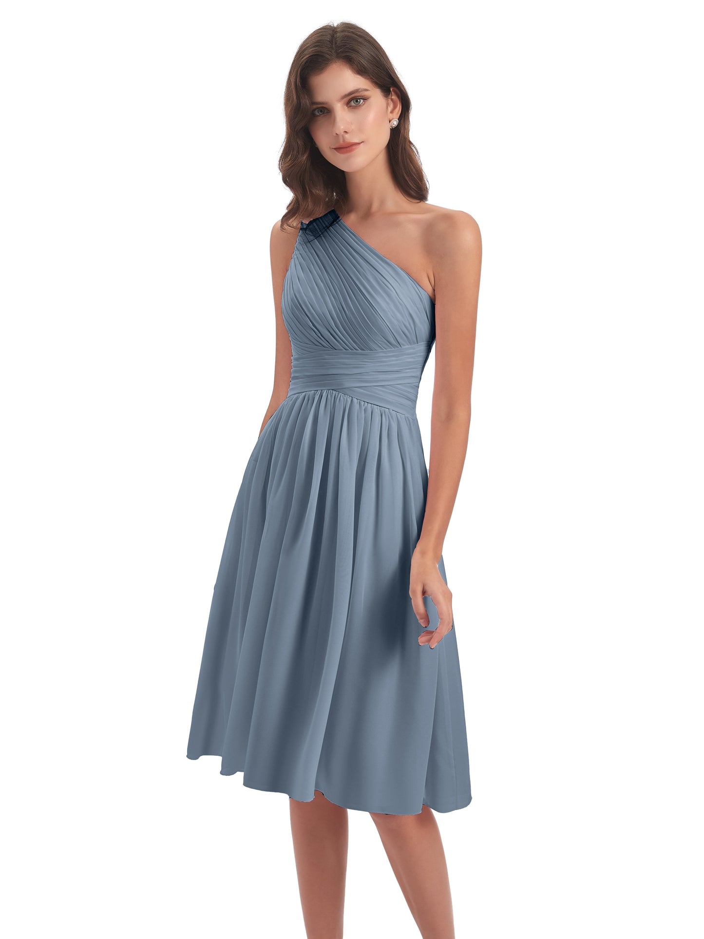 Natalie Knee Length One Shoulder Chiffon Bridesmaid Dresses