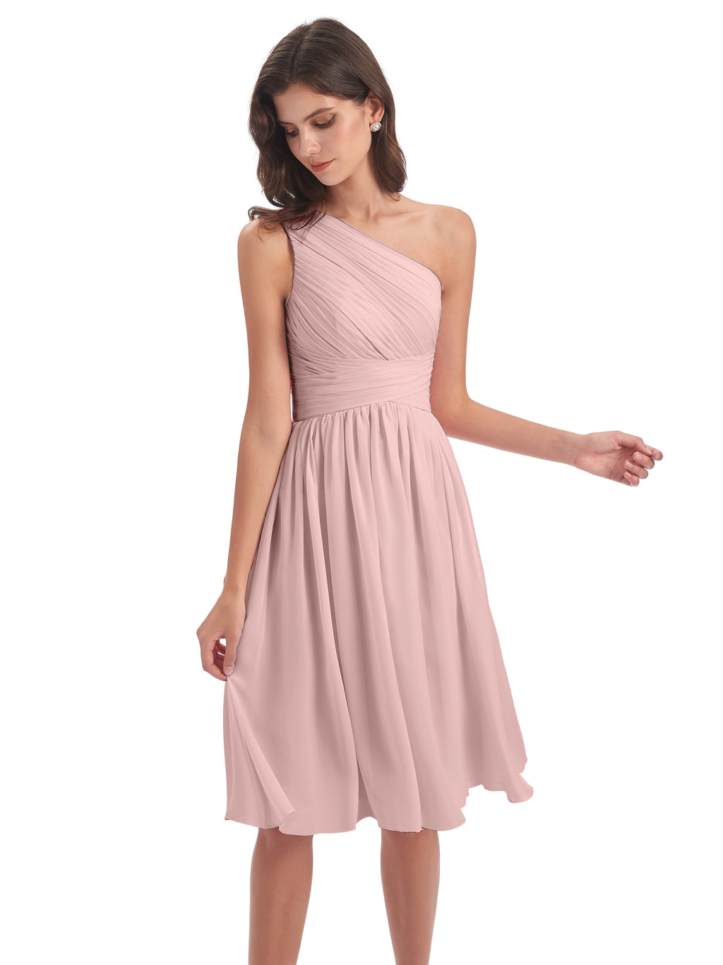 Natalie Knee Length One Shoulder Chiffon Bridesmaid Dresses