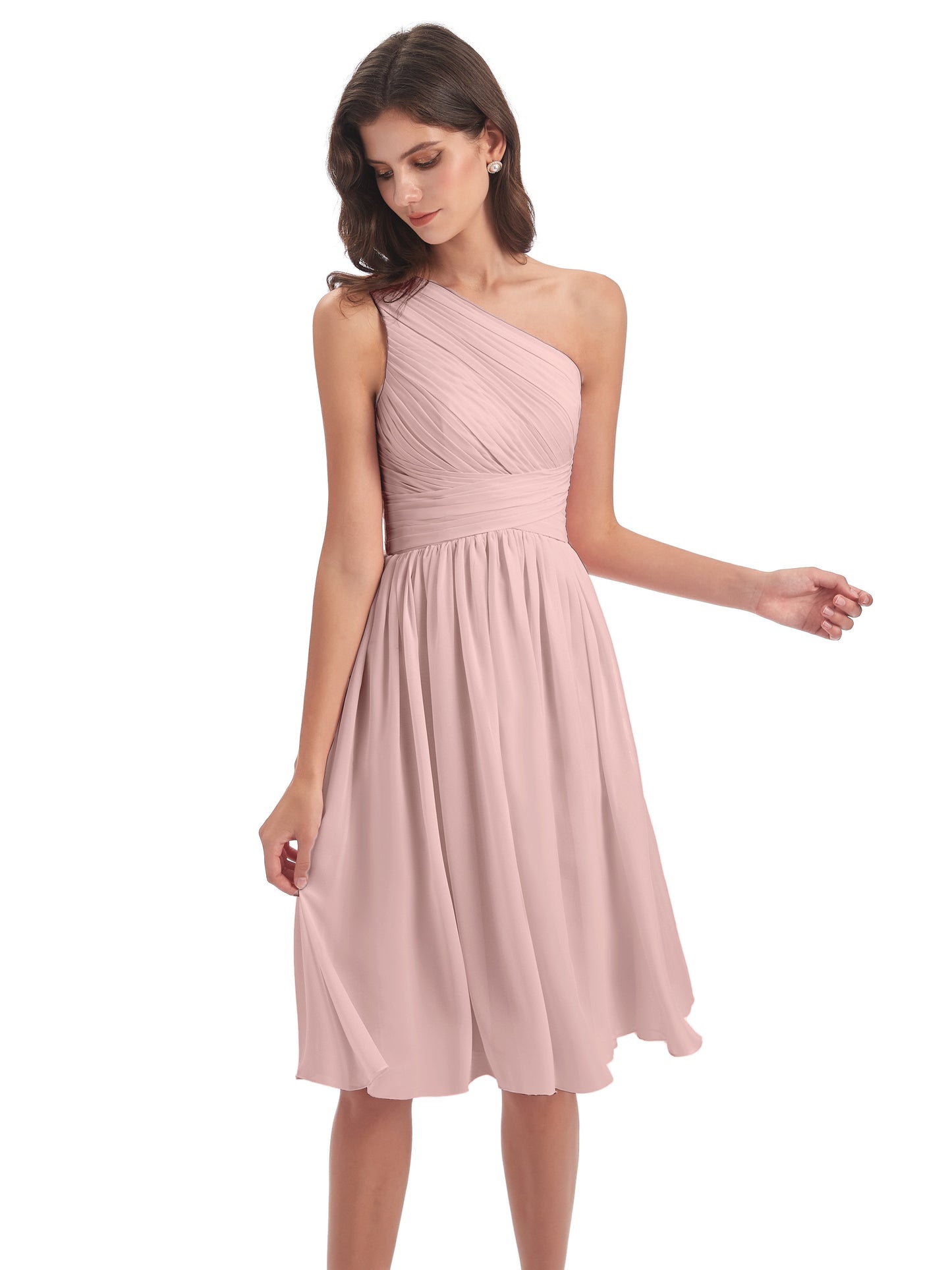 Natalie Knee Length One Shoulder Chiffon Bridesmaid Dresses