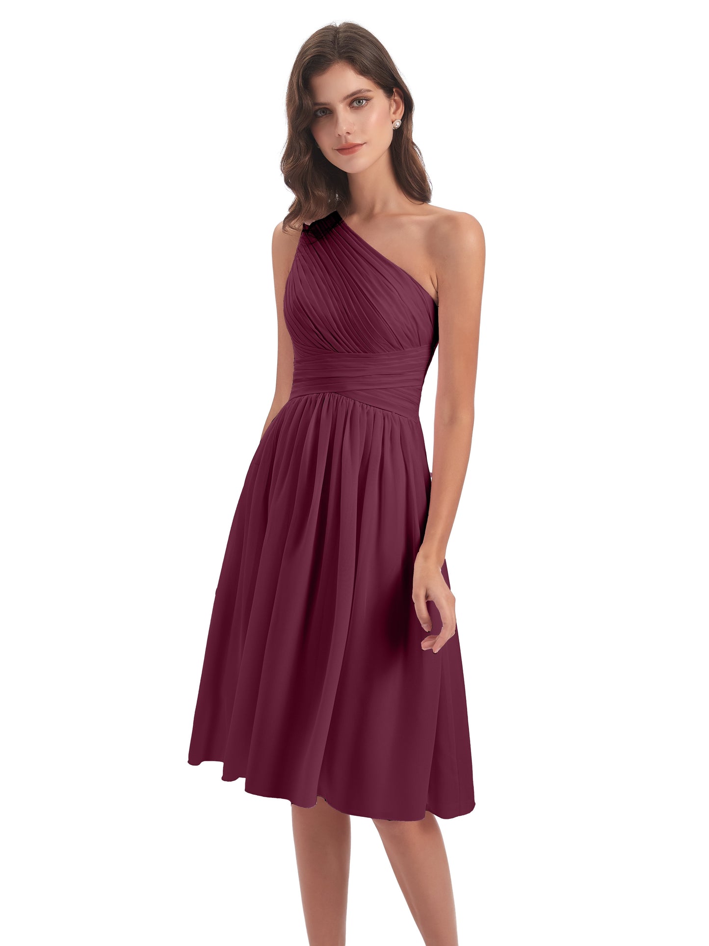 Natalie Knee Length One Shoulder Chiffon Bridesmaid Dresses