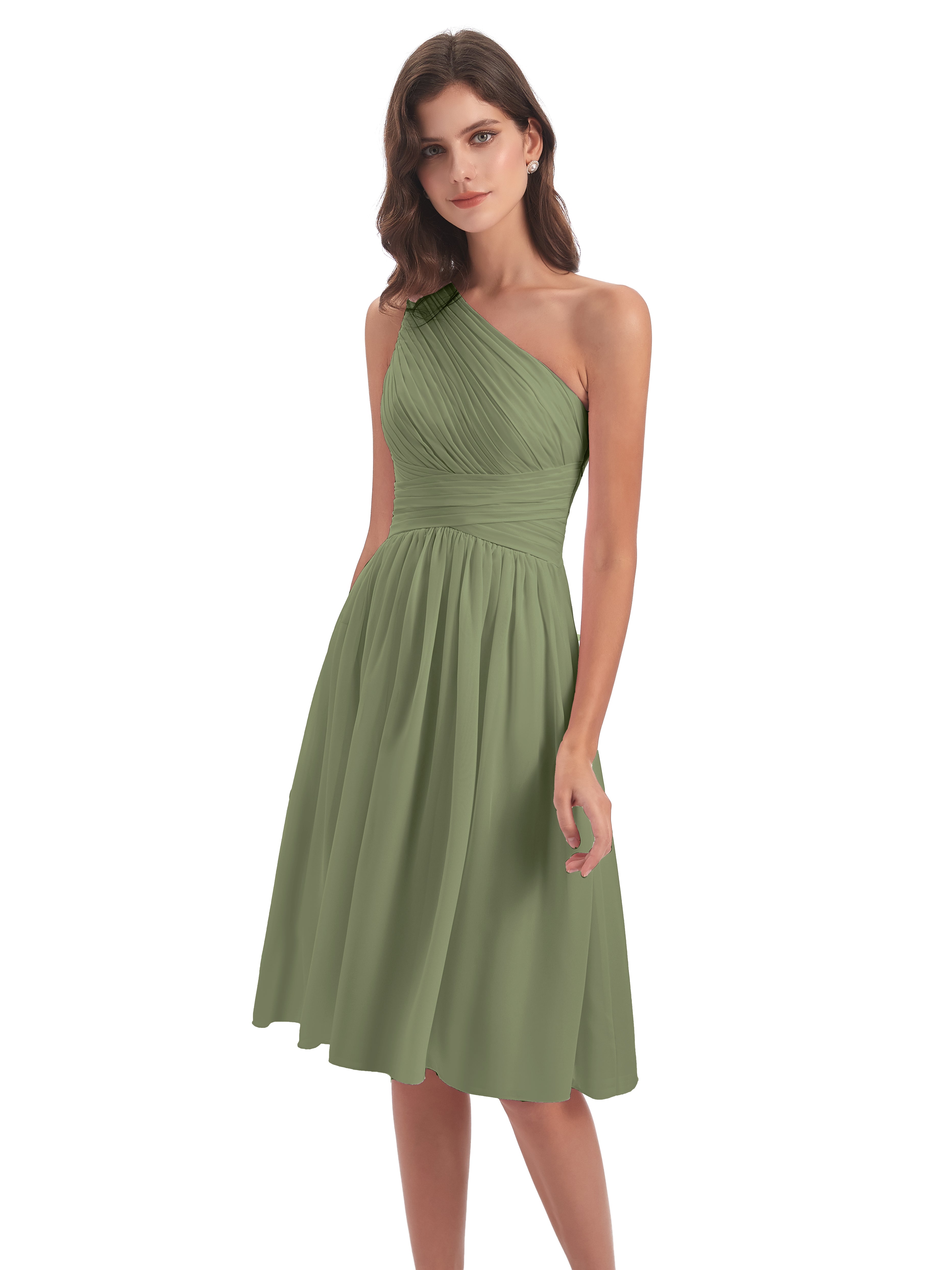 Natalie Knee Length One Shoulder Chiffon Bridesmaid Dresses