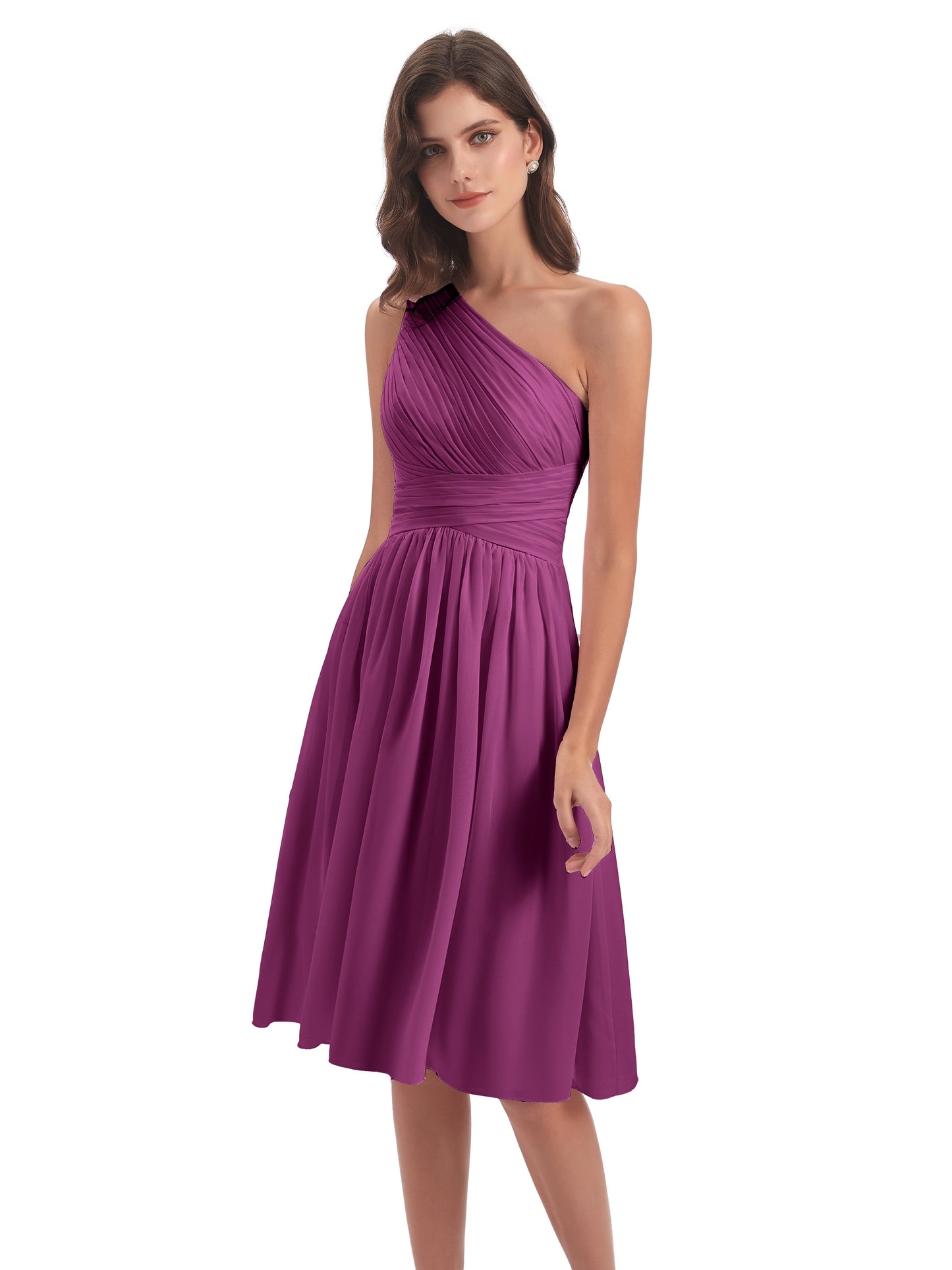 Natalie Knee Length One Shoulder Chiffon Bridesmaid Dresses