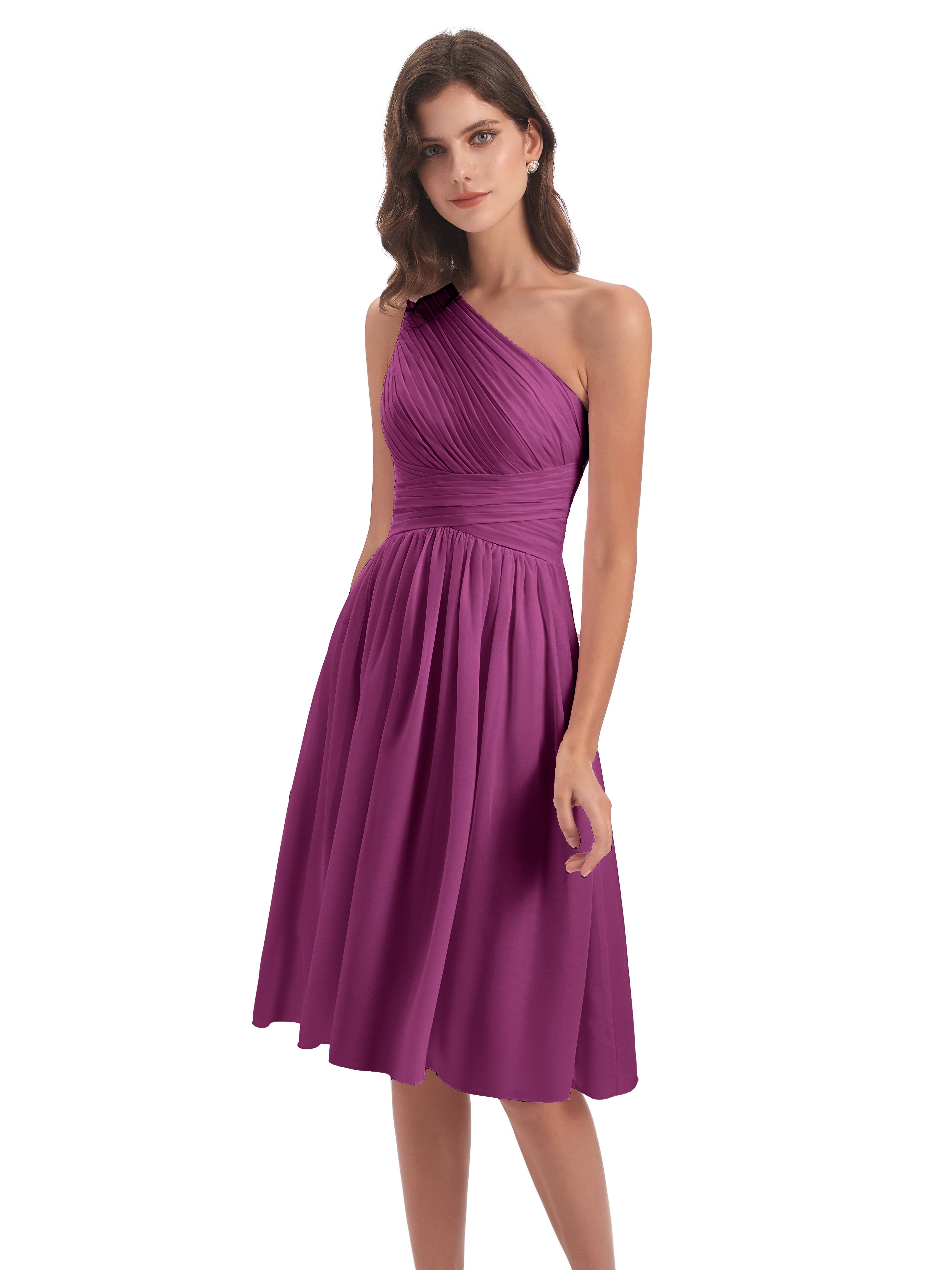 Natalie Knee Length One Shoulder Chiffon Bridesmaid Dresses