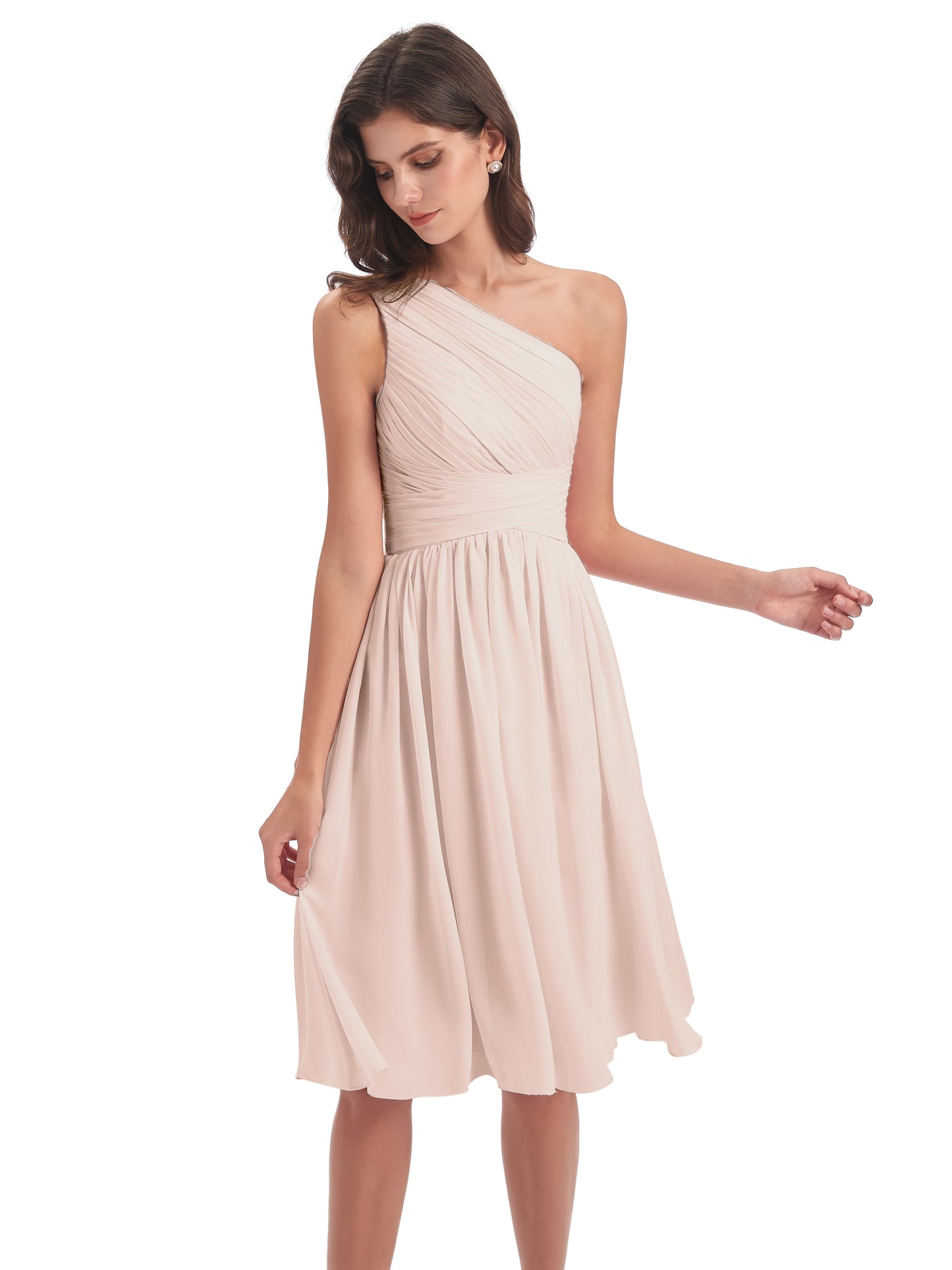 Natalie Knee Length One Shoulder Chiffon Bridesmaid Dresses