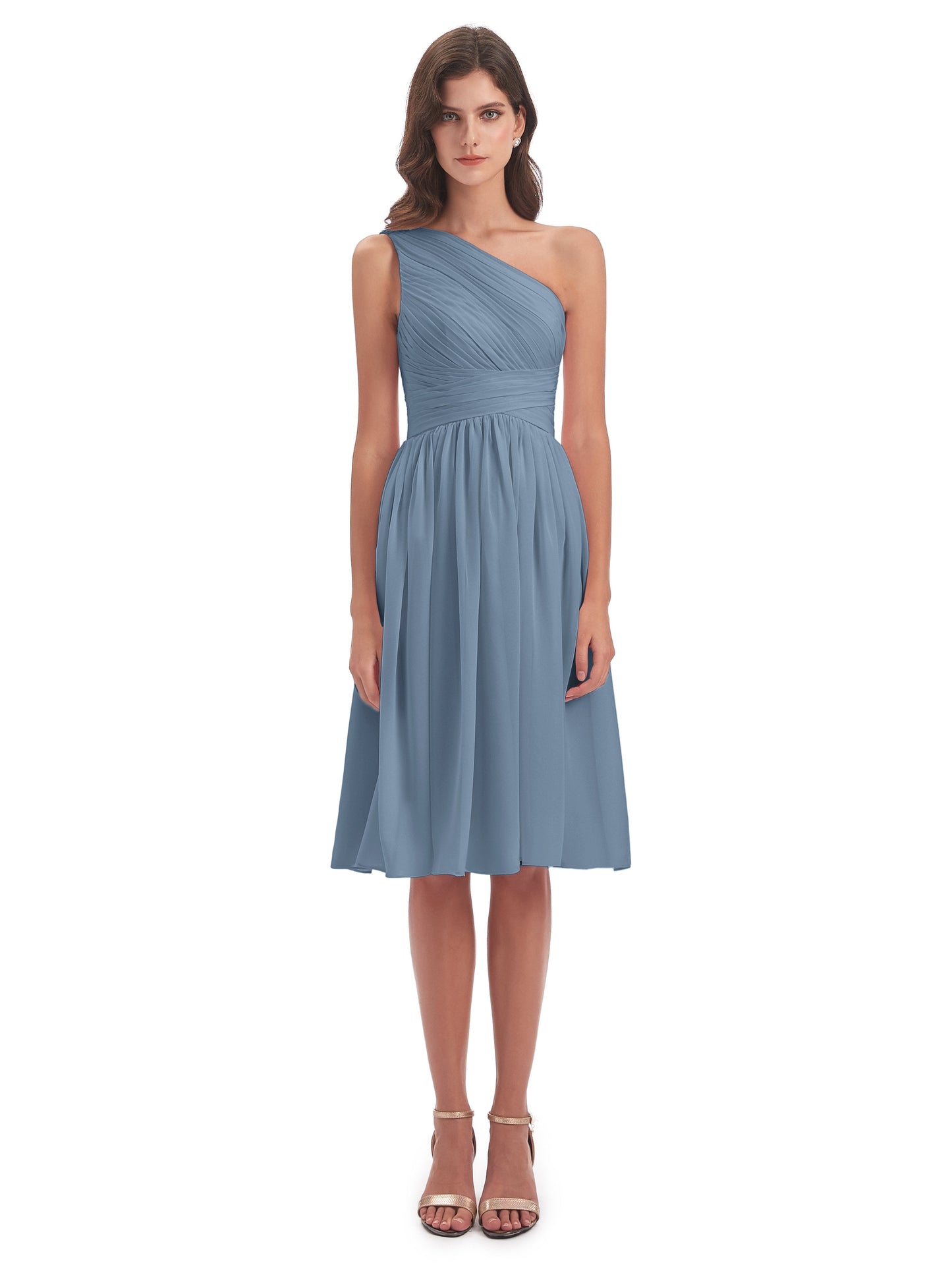 Natalie Knee Length One Shoulder Chiffon Bridesmaid Dresses