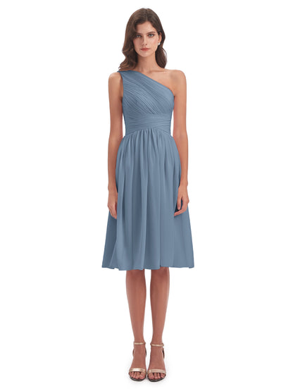 Natalie Knee Length One Shoulder Chiffon Bridesmaid Dresses
