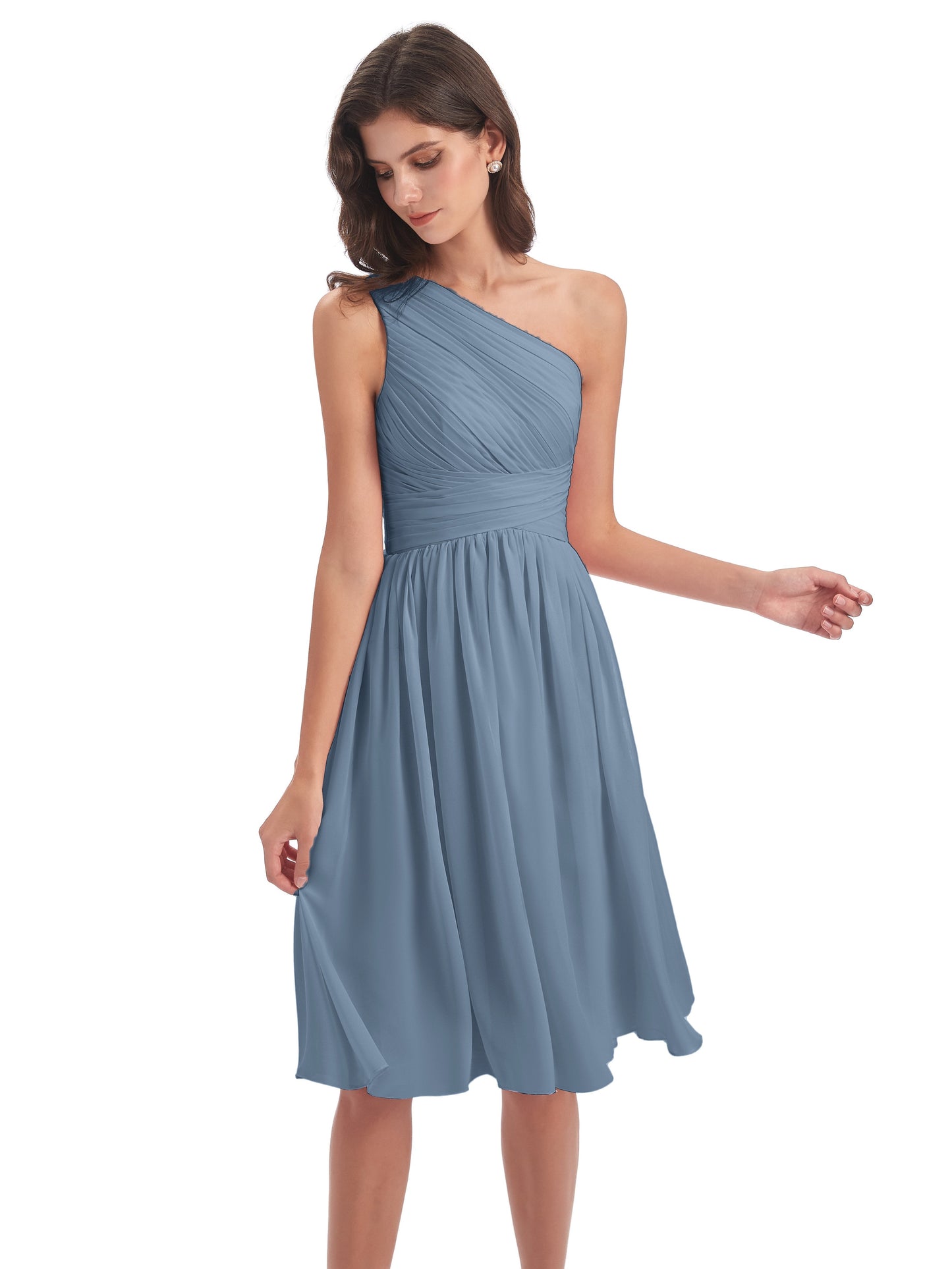 Natalie Knee Length One Shoulder Chiffon Bridesmaid Dresses