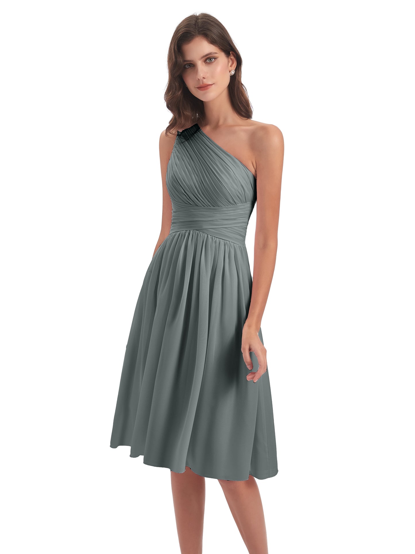Natalie Knee Length One Shoulder Chiffon Bridesmaid Dresses
