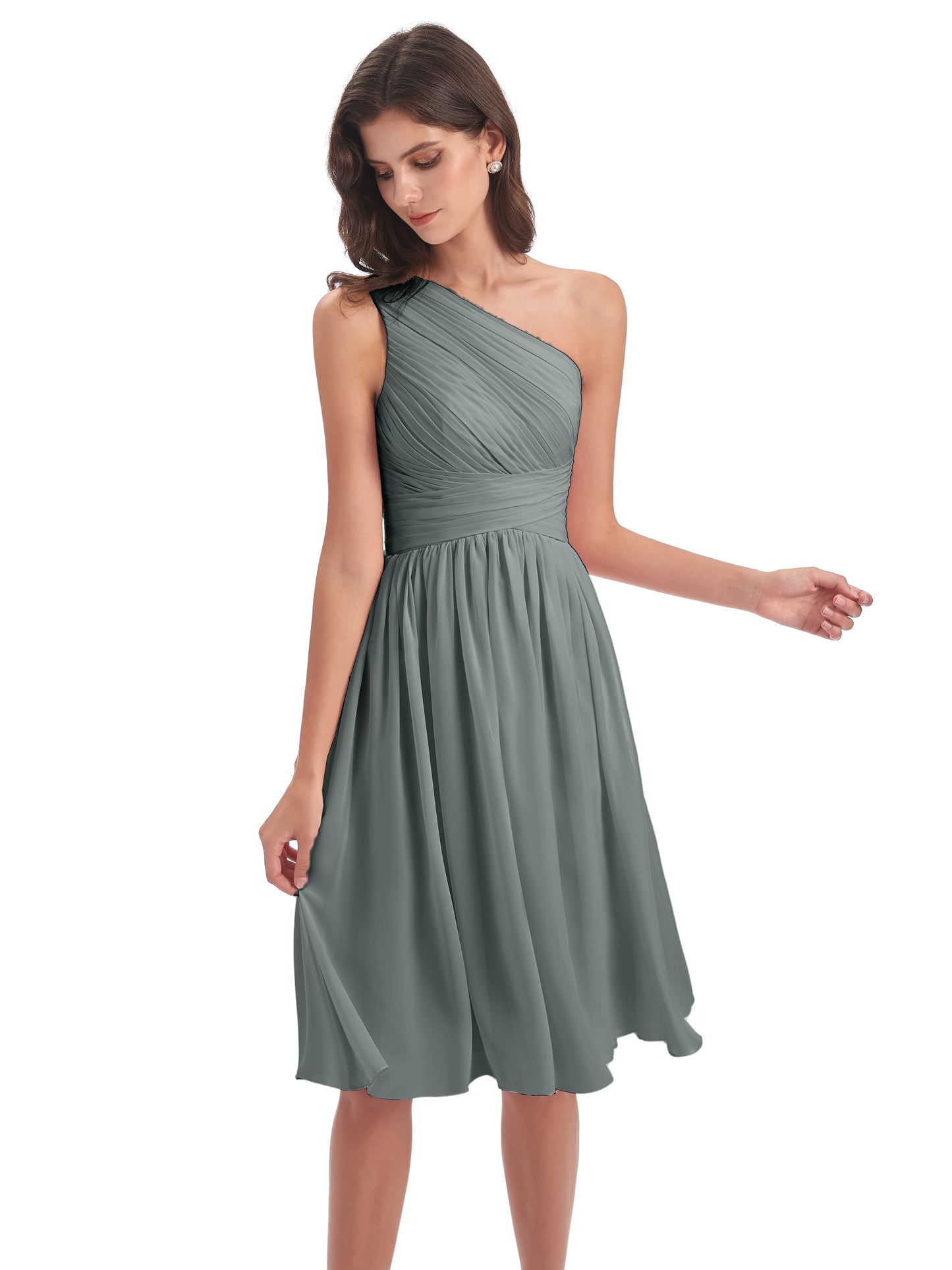 Natalie Knee Length One Shoulder Chiffon Bridesmaid Dresses