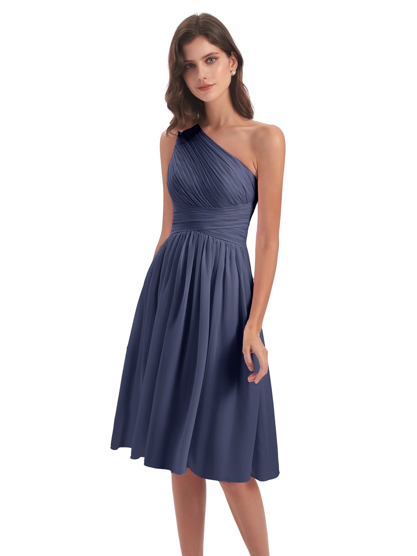 Natalie Knee Length One Shoulder Chiffon Bridesmaid Dresses