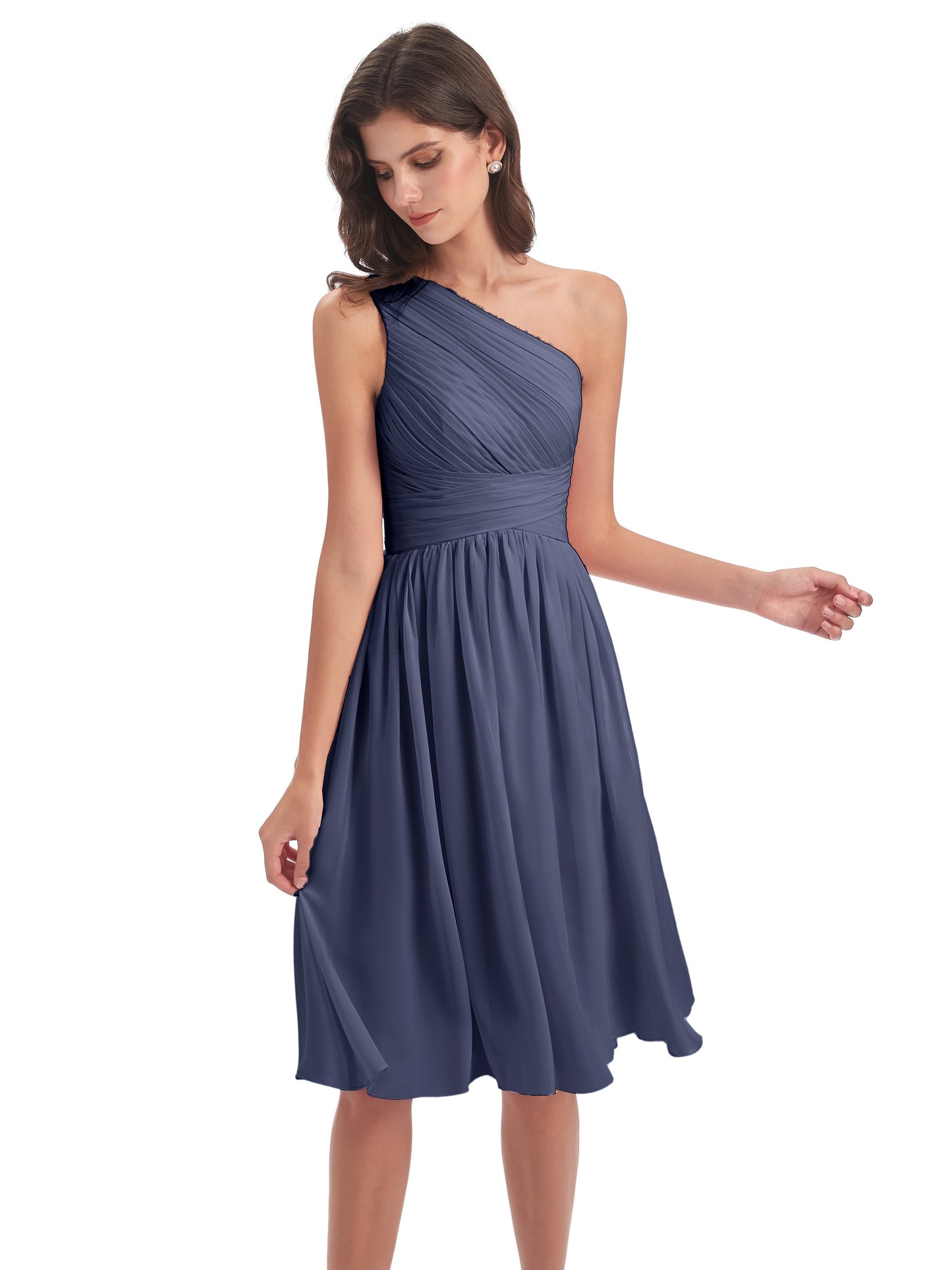 Natalie Knee Length One Shoulder Chiffon Bridesmaid Dresses