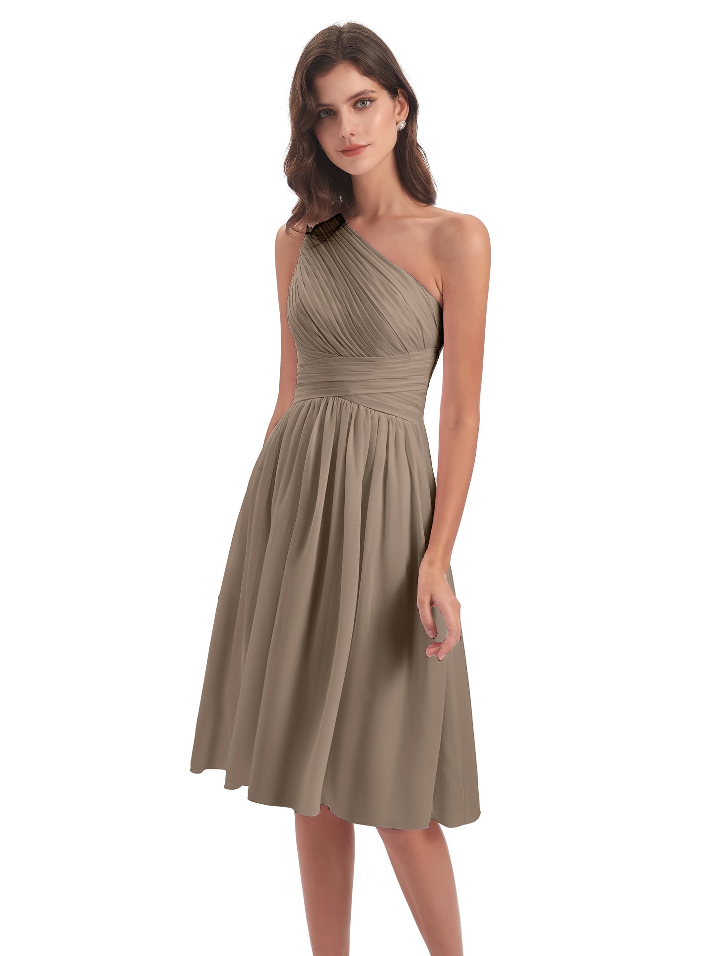 Natalie Knee Length One Shoulder Chiffon Bridesmaid Dresses