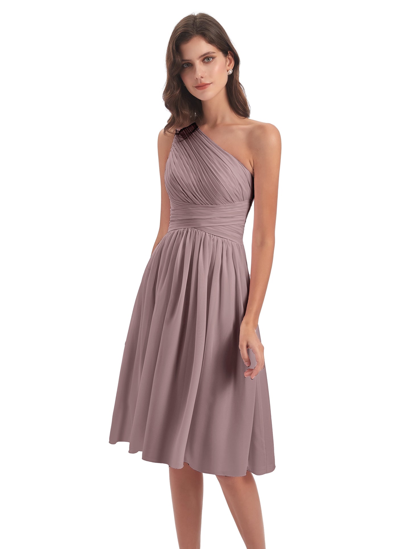 Natalie Knee Length One Shoulder Chiffon Bridesmaid Dresses
