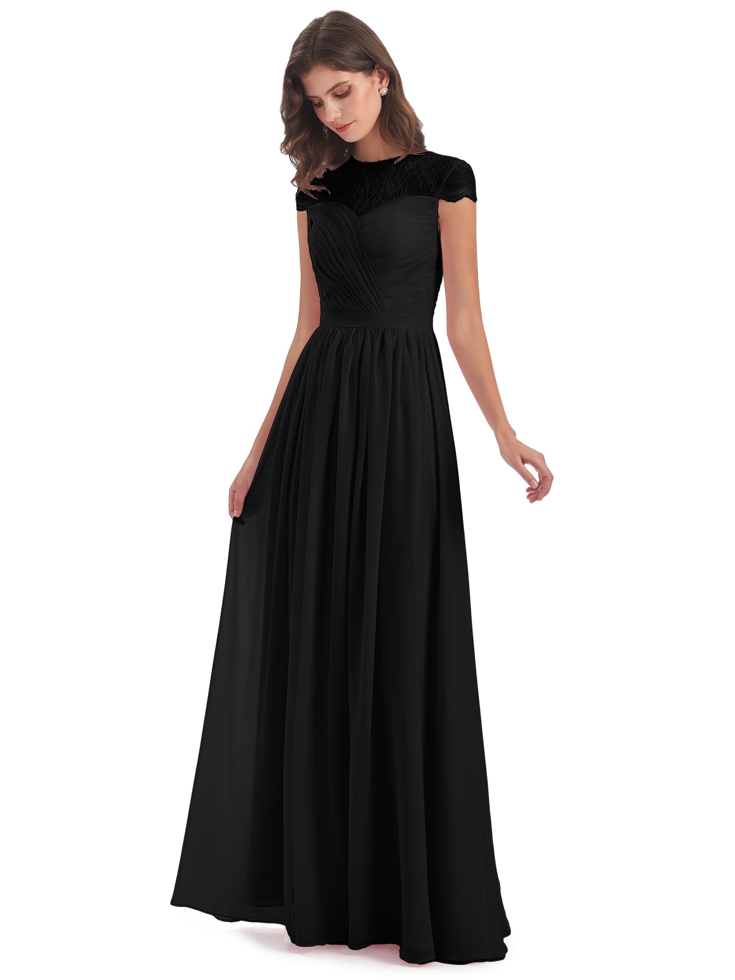 Nora Illusion Cap Sleeves Lace Long Bridesmaid Dresses