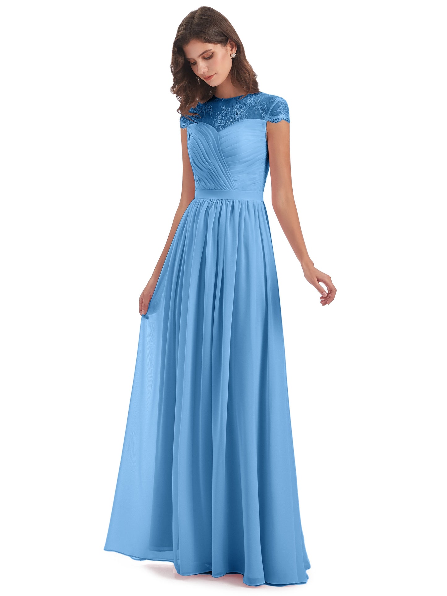 Nora Illusion Cap Sleeves Lace Long Bridesmaid Dresses