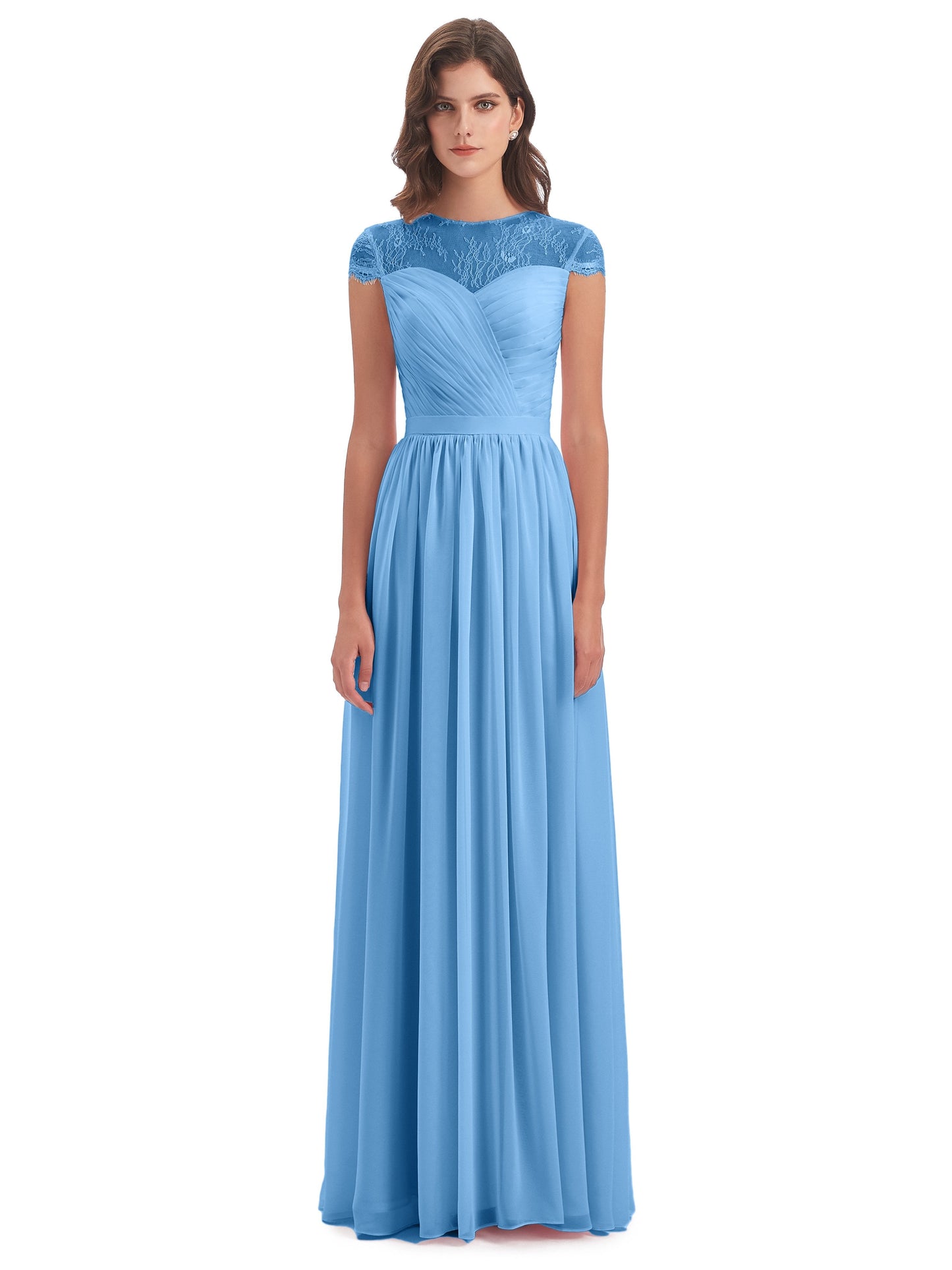 Nora Illusion Cap Sleeves Lace Long Bridesmaid Dresses
