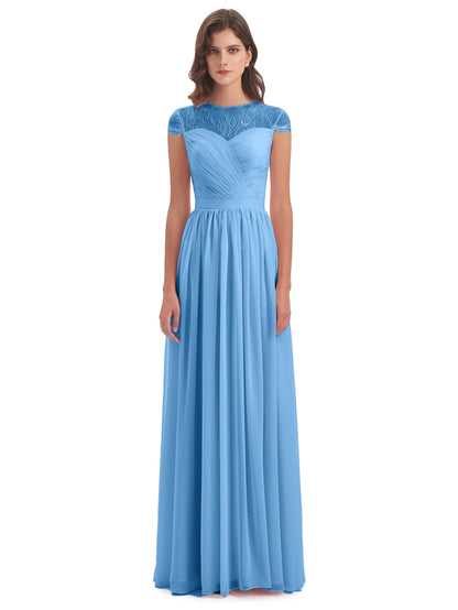 Nora Illusion Cap Sleeves Lace Long Bridesmaid Dresses
