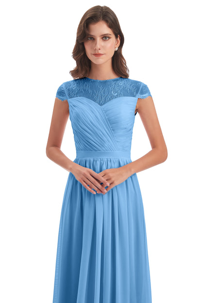 Nora Illusion Cap Sleeves Lace Long Bridesmaid Dresses