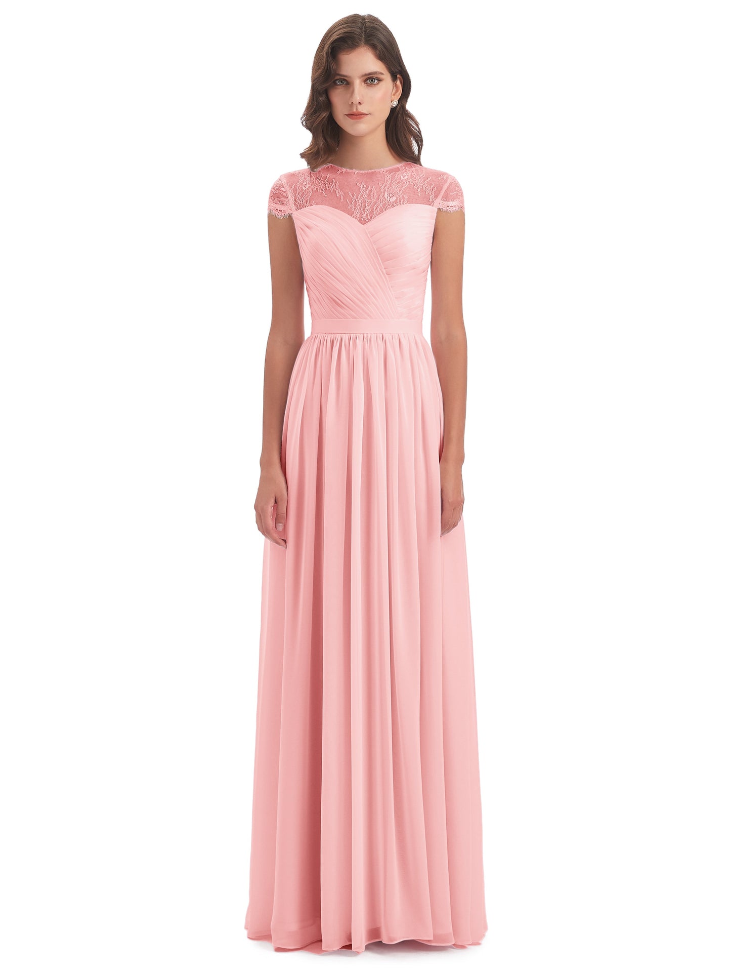 Nora Illusion Cap Sleeves Lace Long Bridesmaid Dresses