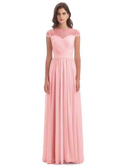 Nora Illusion Cap Sleeves Lace Long Bridesmaid Dresses