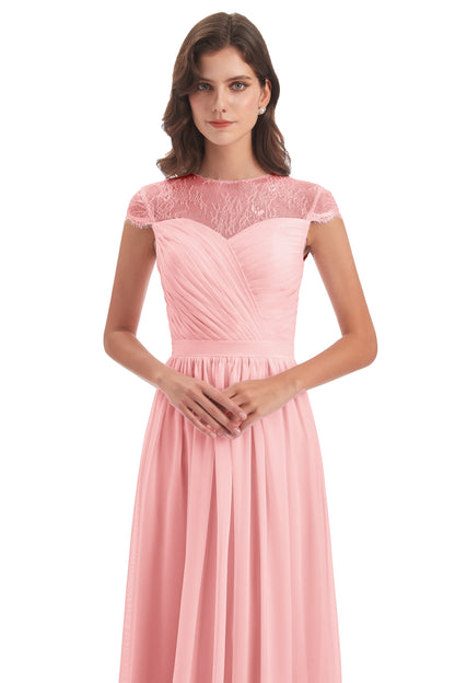 Nora Illusion Cap Sleeves Lace Long Bridesmaid Dresses