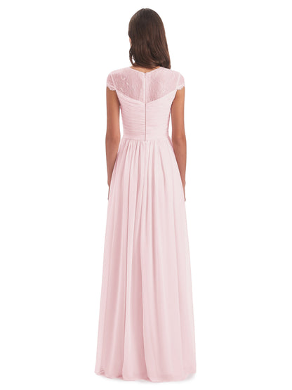 Nora Illusion Cap Sleeves Lace Long Bridesmaid Dresses
