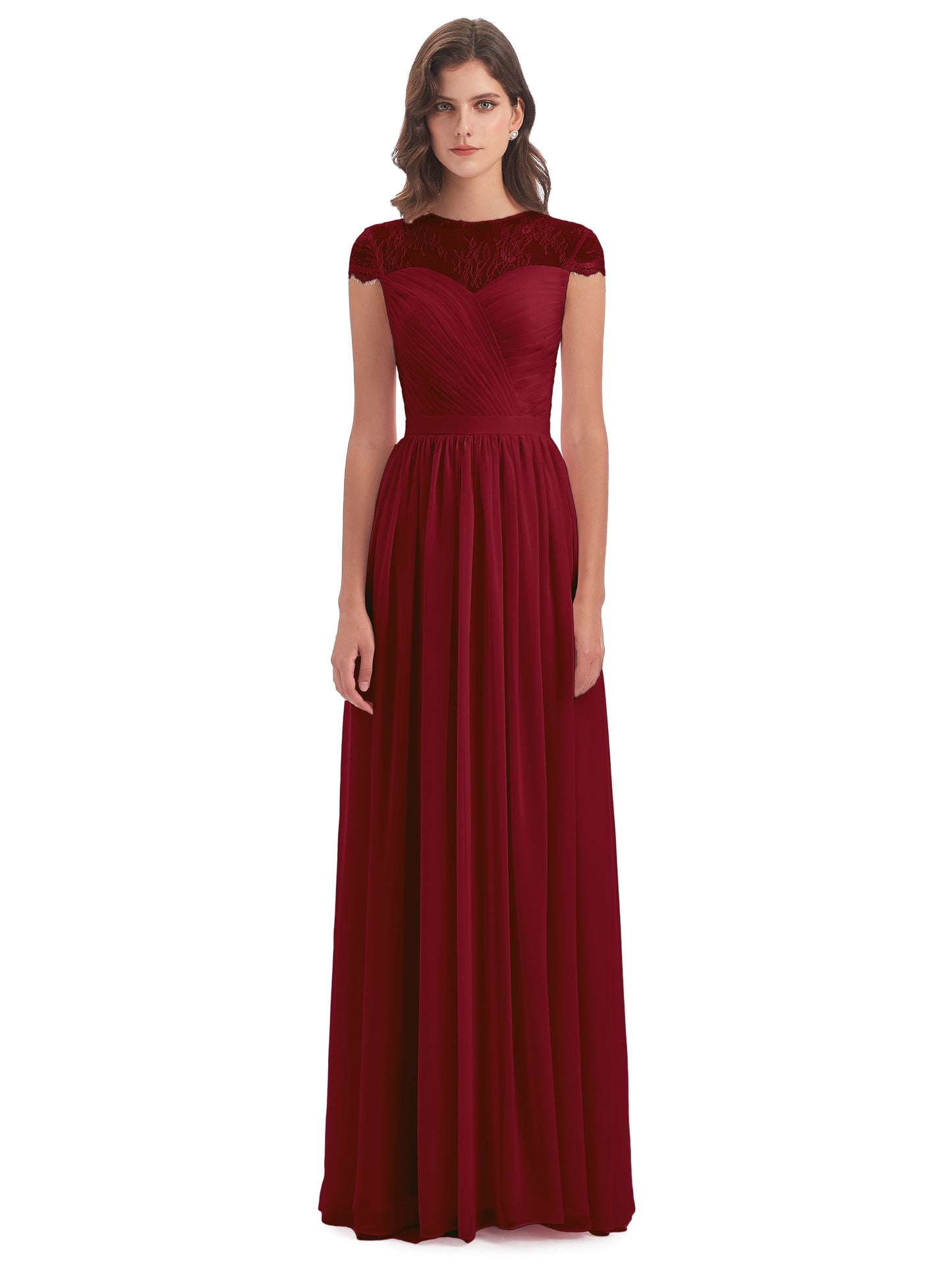 Nora Illusion Cap Sleeves Lace Long Bridesmaid Dresses