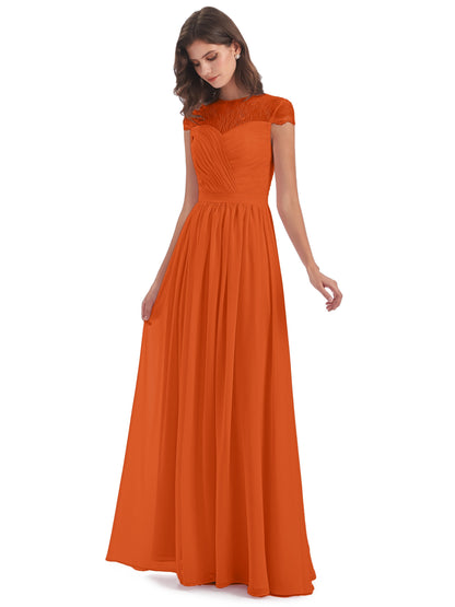 Nora Illusion Cap Sleeves Lace Long Bridesmaid Dresses