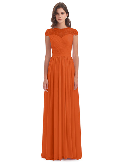 Nora Illusion Cap Sleeves Lace Long Bridesmaid Dresses