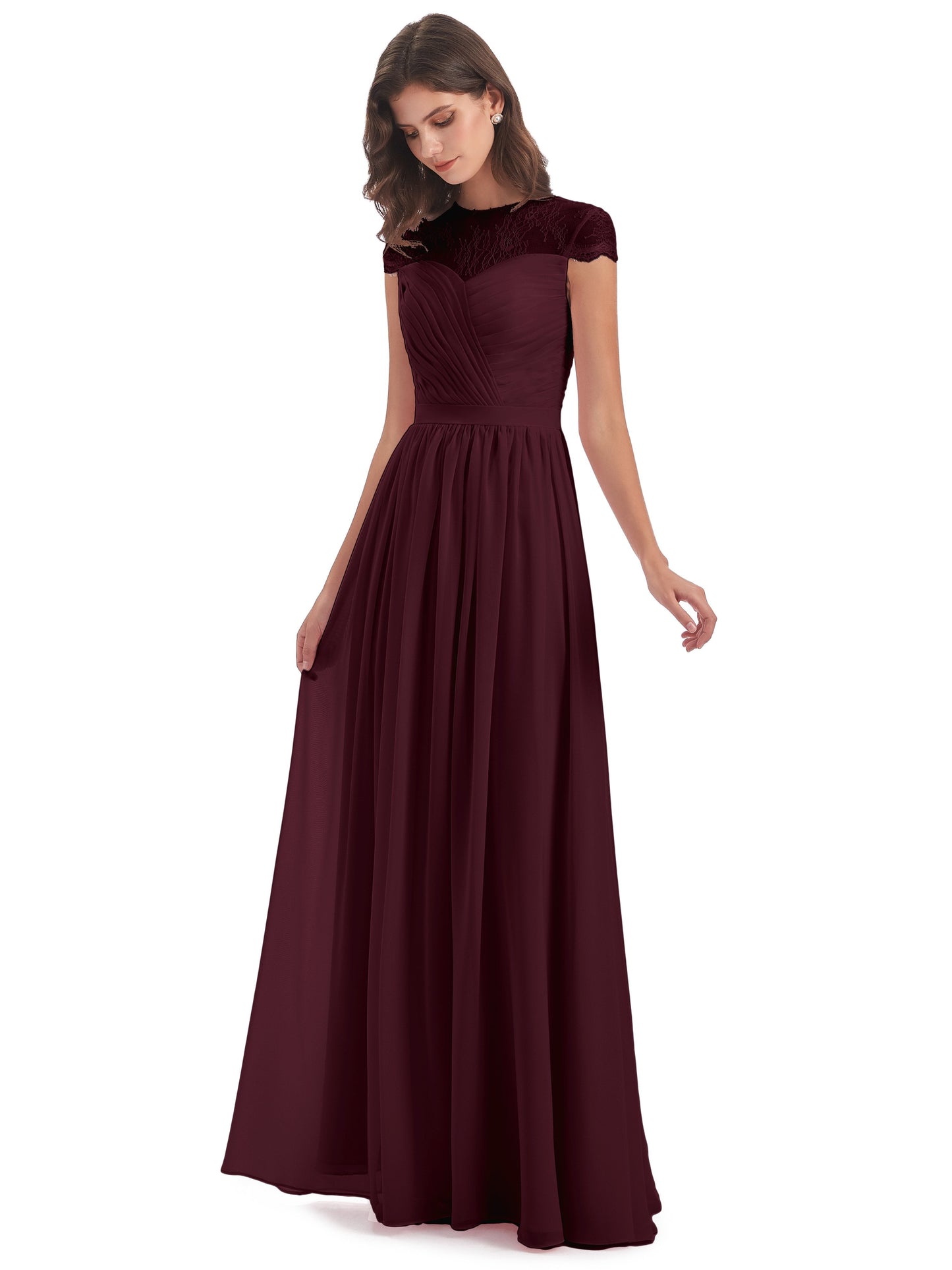 Nora Illusion Cap Sleeves Lace Long Bridesmaid Dresses