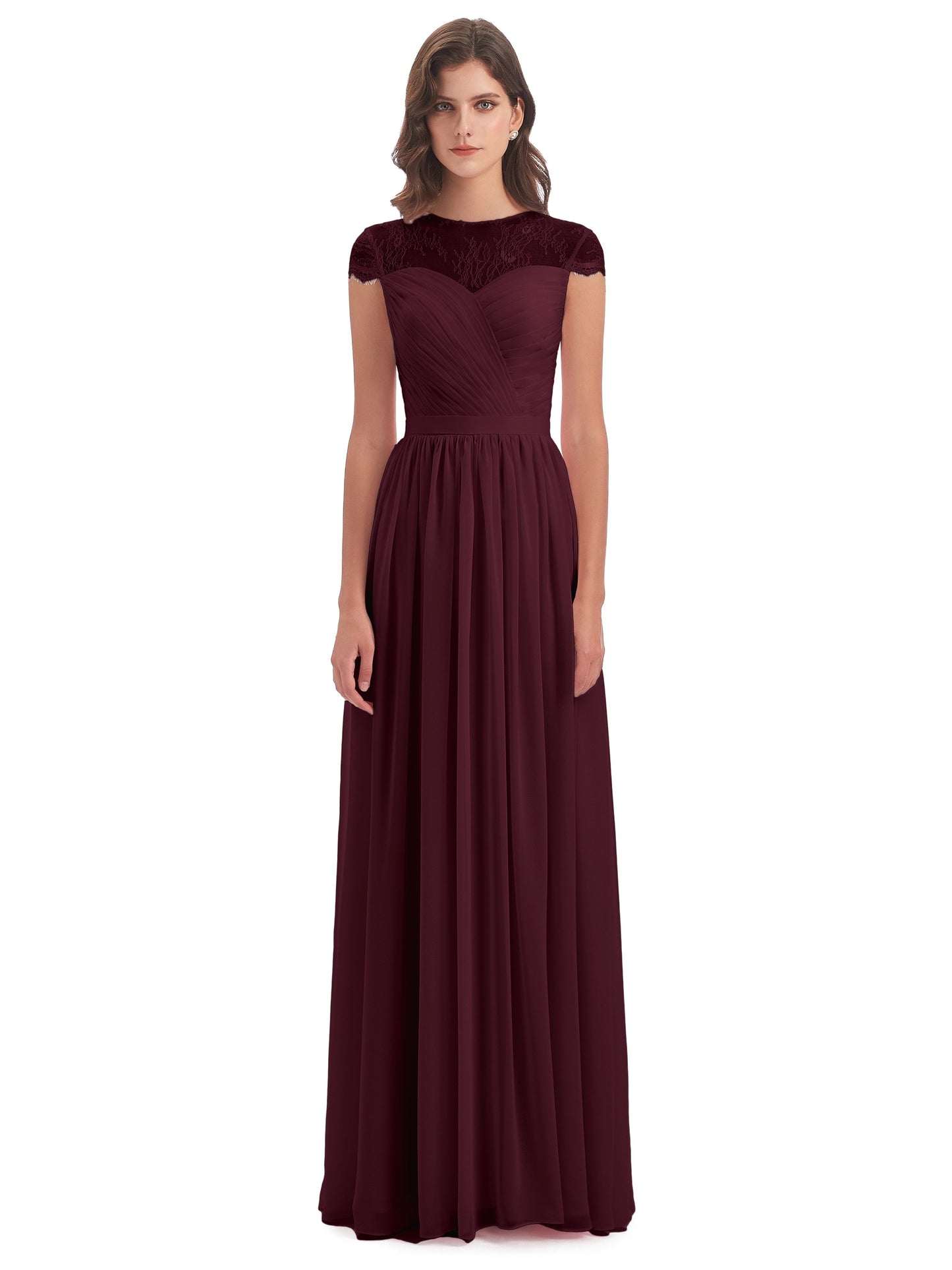 Nora Illusion Cap Sleeves Lace Long Bridesmaid Dresses