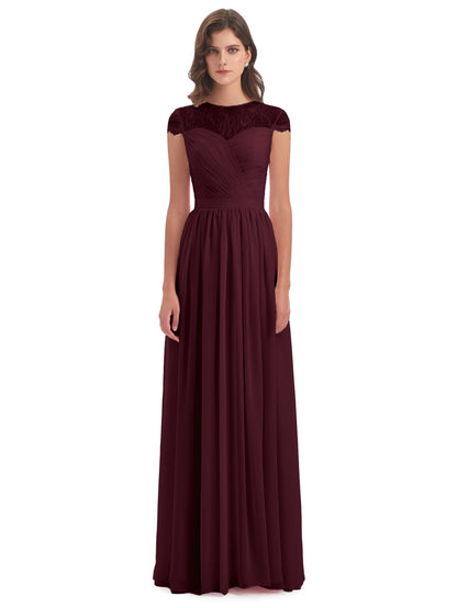 Nora Illusion Cap Sleeves Lace Long Bridesmaid Dresses