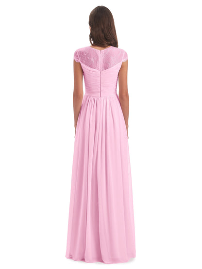 Nora Illusion Cap Sleeves Lace Long Bridesmaid Dresses