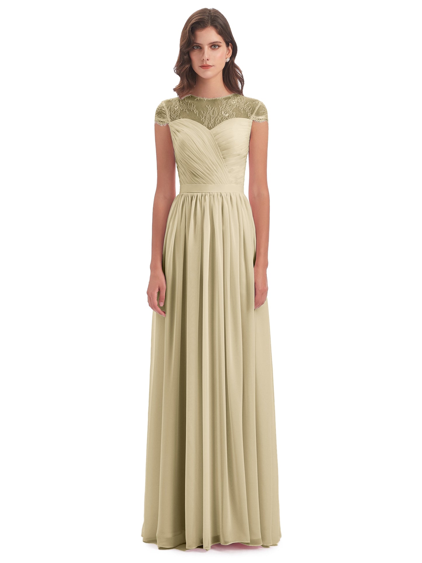 Nora Illusion Cap Sleeves Lace Long Bridesmaid Dresses