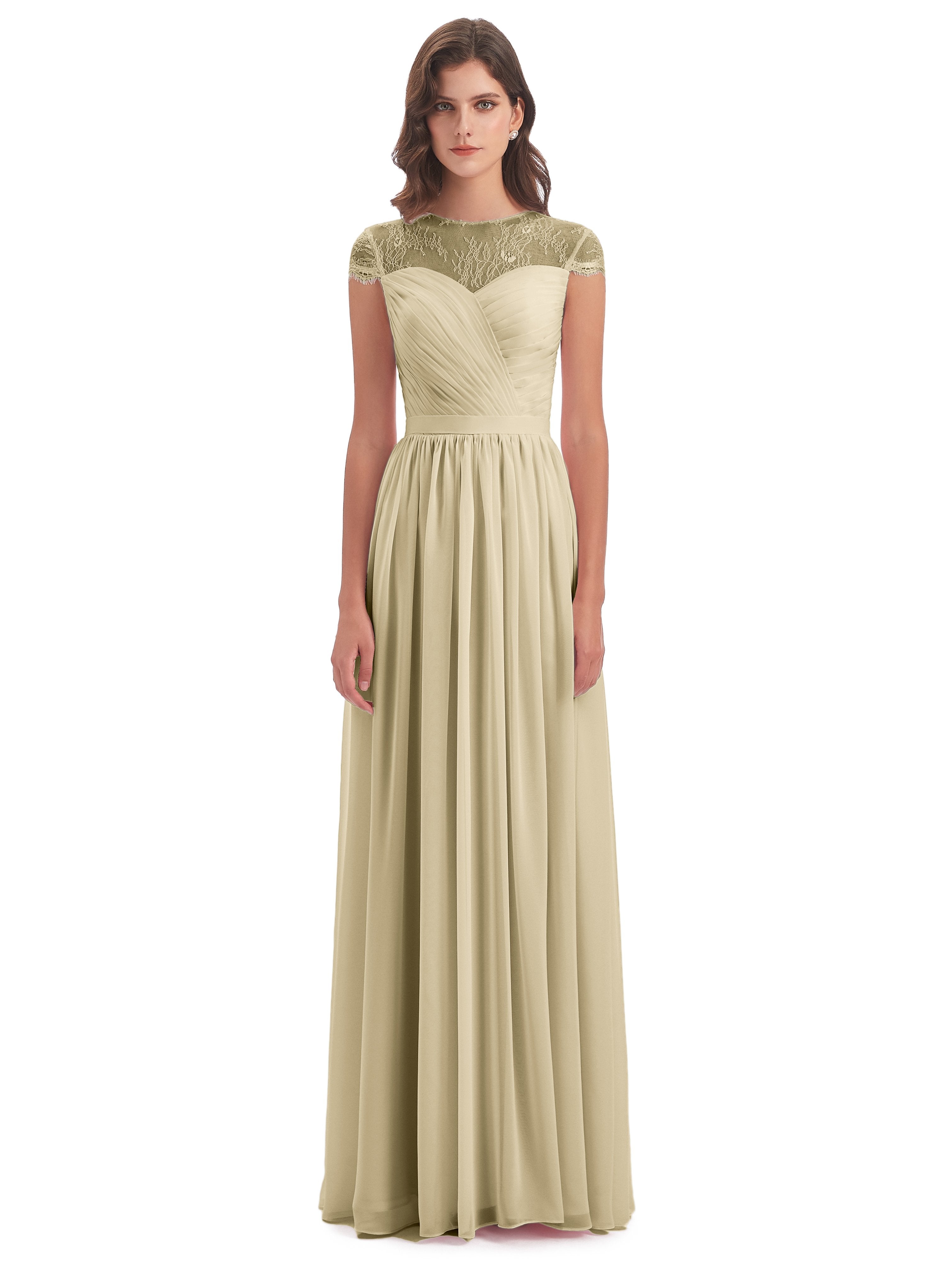 Nora Illusion Cap Sleeves Lace Long Bridesmaid Dresses