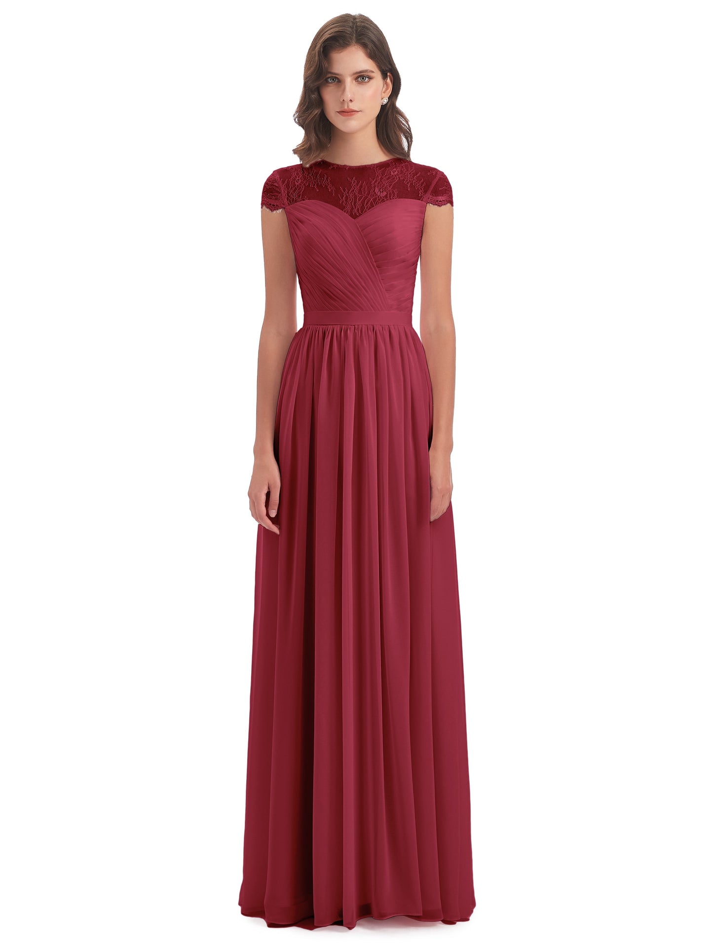 Nora Illusion Cap Sleeves Lace Long Bridesmaid Dresses
