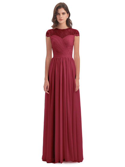 Nora Illusion Cap Sleeves Lace Long Bridesmaid Dresses