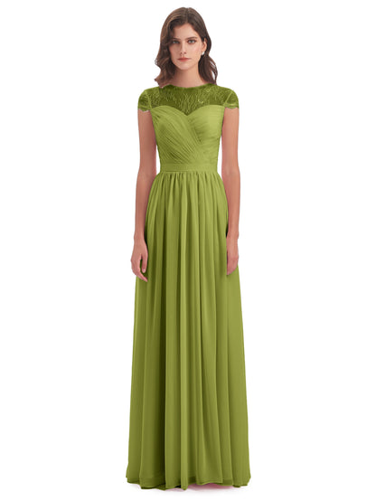 Nora Illusion Cap Sleeves Lace Long Bridesmaid Dresses