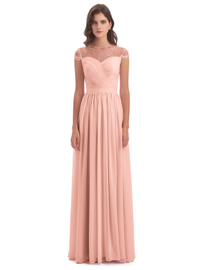 Nora Illusion Cap Sleeves Lace Long Bridesmaid Dresses