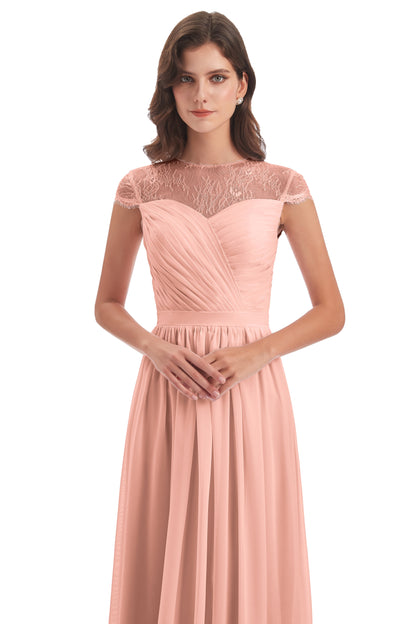 Nora Illusion Cap Sleeves Lace Long Bridesmaid Dresses