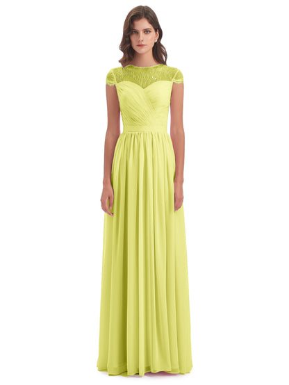 Nora Illusion Cap Sleeves Lace Long Bridesmaid Dresses