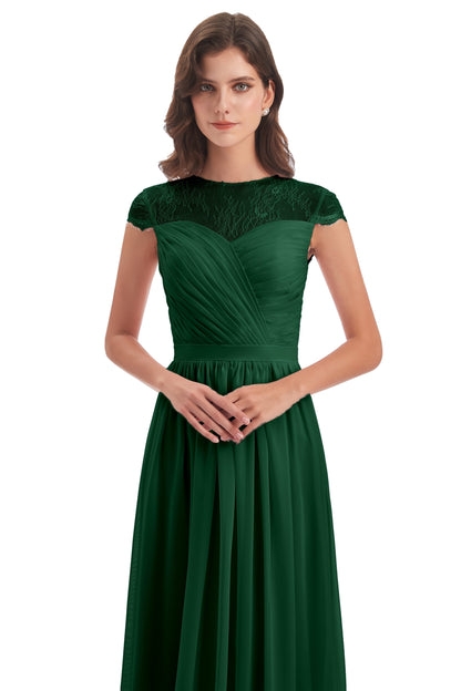 Nora Illusion Cap Sleeves Lace Long Bridesmaid Dresses