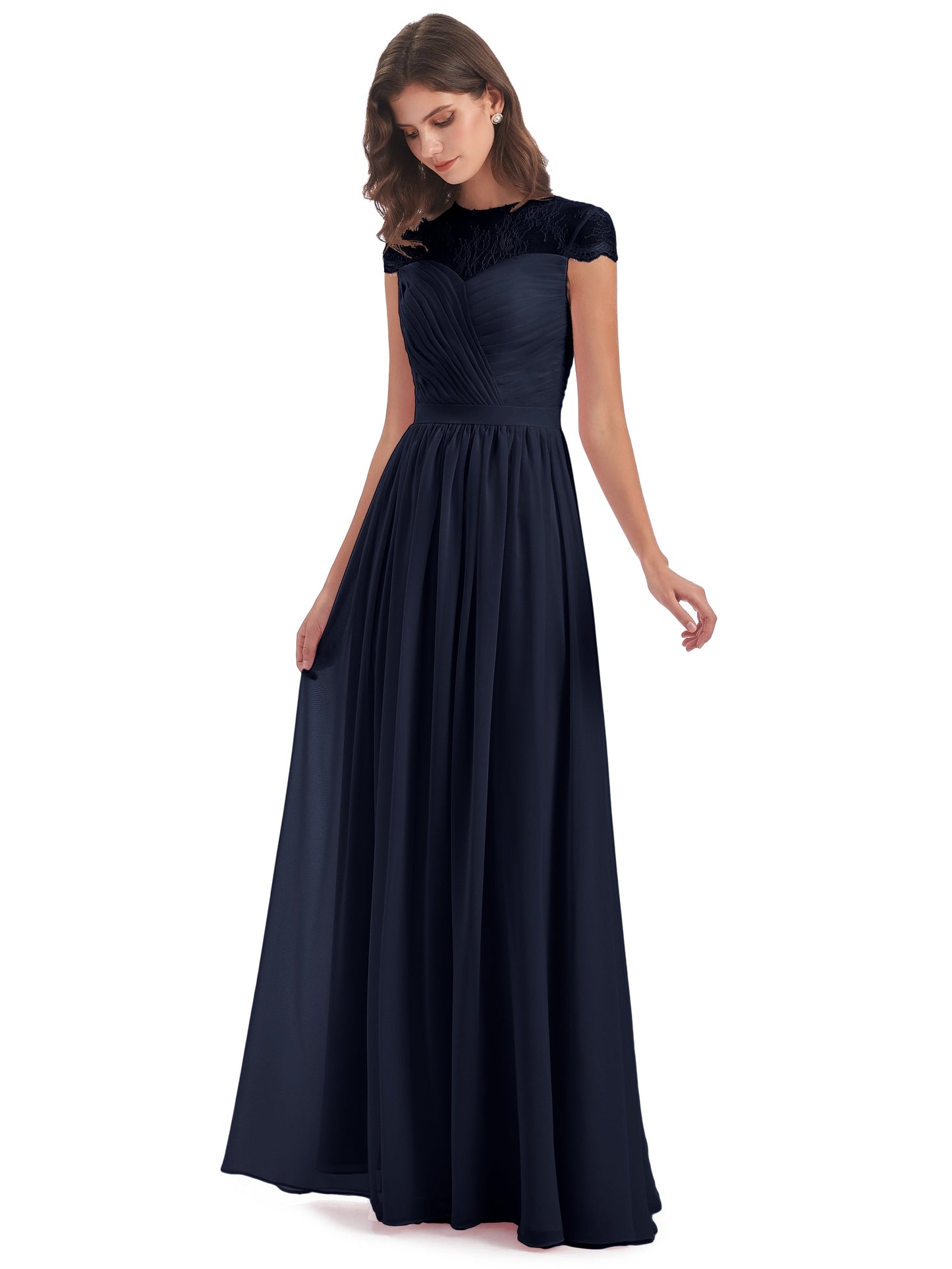 Nora Illusion Cap Sleeves Lace Long Bridesmaid Dresses
